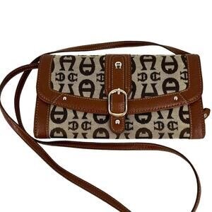 Etienne Aigner Convertible Clutch Crossbody Handbag Brown Tan Canvas Leather